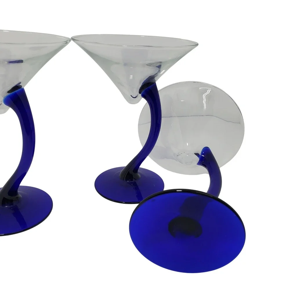 Set of 3 Cobalt Blue Curved Stem Martini Glasses Hand Blown Style Barware 7